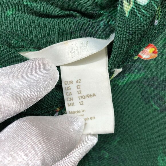 H&M Long Sleeve Ruffle Midi Dress 12 Green Floral High Neck Boho Cottagecore - Picture 8 of 9